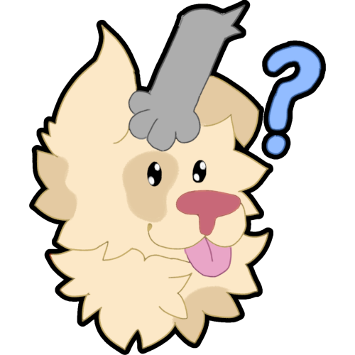  a cartoon-style depiction of a fluffy cream-colored dog with a pink nose and light brown markings around its eyes and ear. The dog has a playful expression, sticking out its tongue and looking upwards with wide, curious eyes. A gray paw is resting on its forehead, and a large blue question mark hovers next to its head